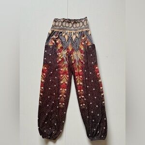 Boho Harem Pants Womens Small Smocked Waist Paisley Festival Jogger Pants